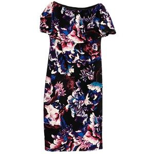 NWT Bebe strapless floral print crepe bodycon dress with popover ruffle sz 10